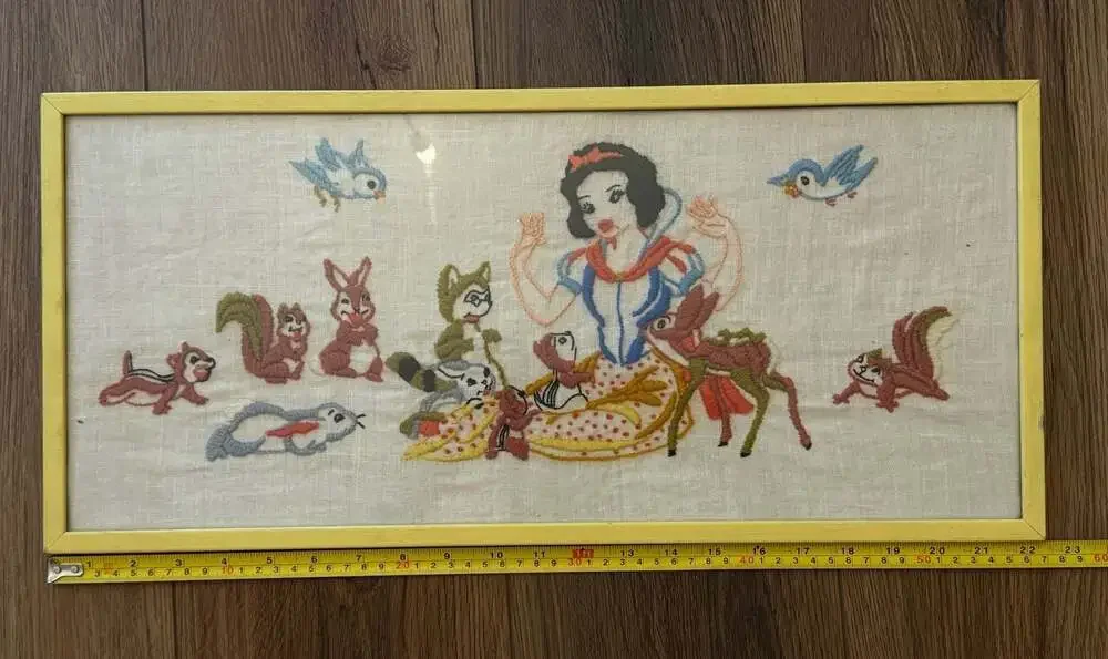 Vintage Embroidered Snow White Woodland Animals Framed Needlepoint Art